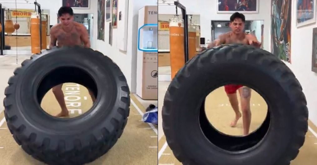 Ryan Garcia Finally Back In The Gym Pushing Large Weight Tires